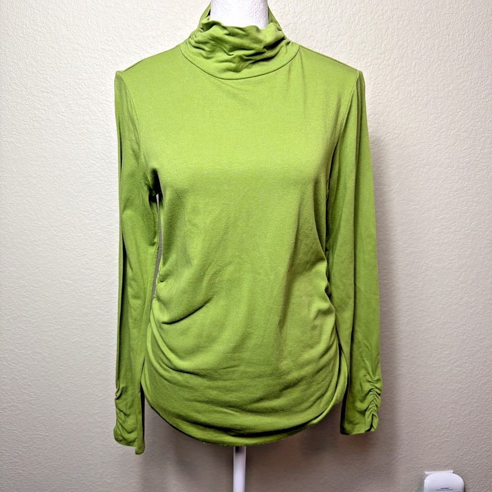 Isela Womens Small Chartreuse Green Mock Neck Layering Shirt Ruched Knit Top
